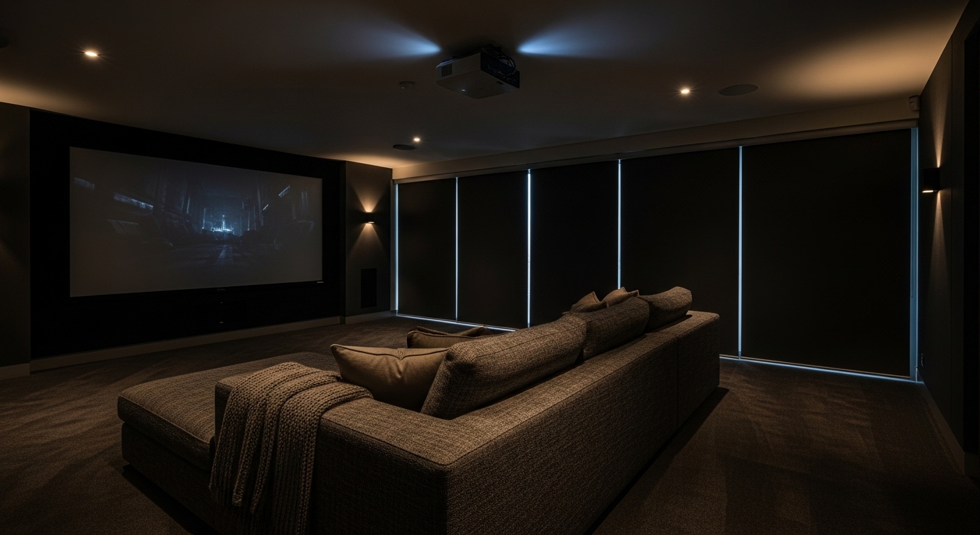 Private cinema with complete blackout shade coverage