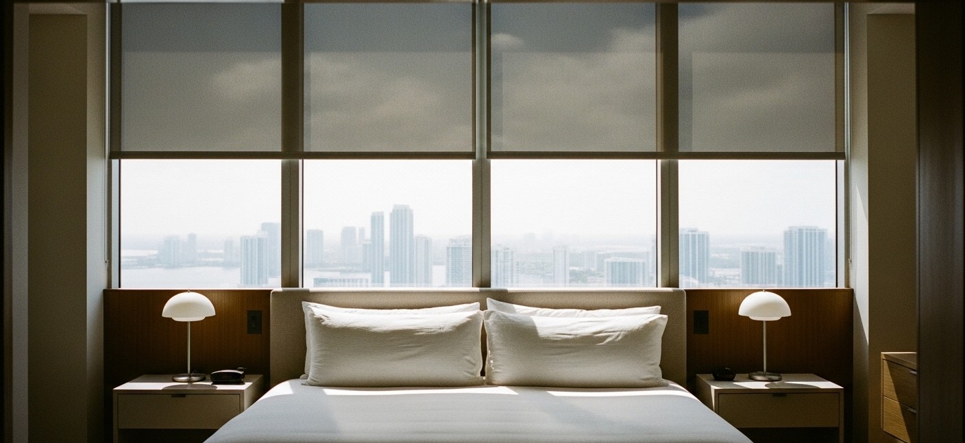 Finished hotel guest room with aligned roller shades